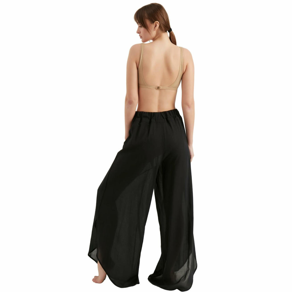TUBANUR Women's Wide Leg Elastic Waist Slit Loose Pants Black Size XS