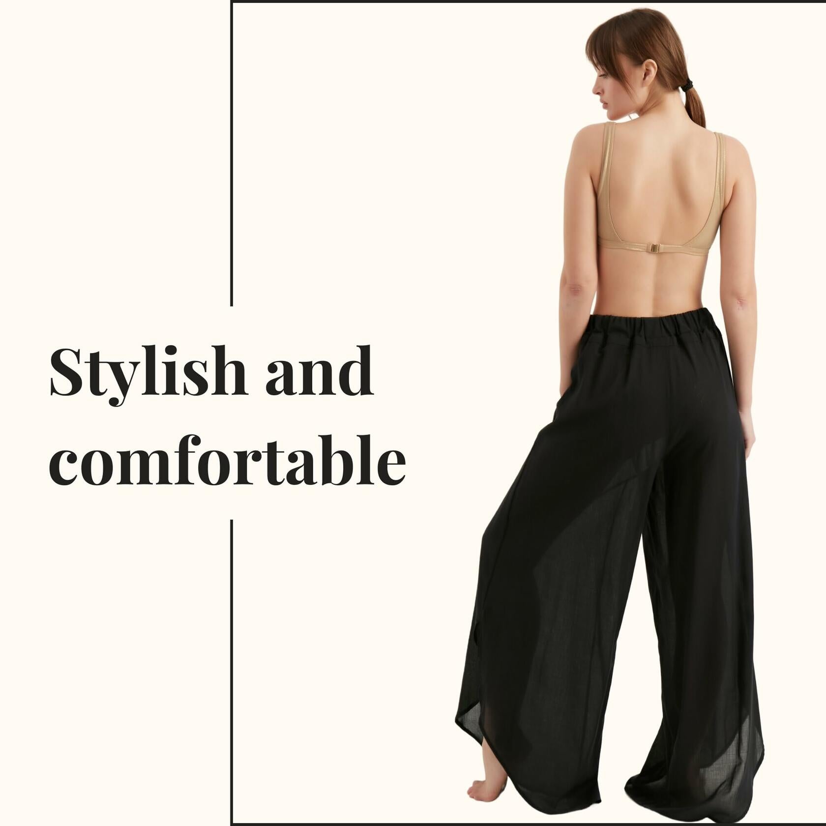 TUBANUR Women's Wide Leg Elastic Waist Slit Loose Pants Black Size XS