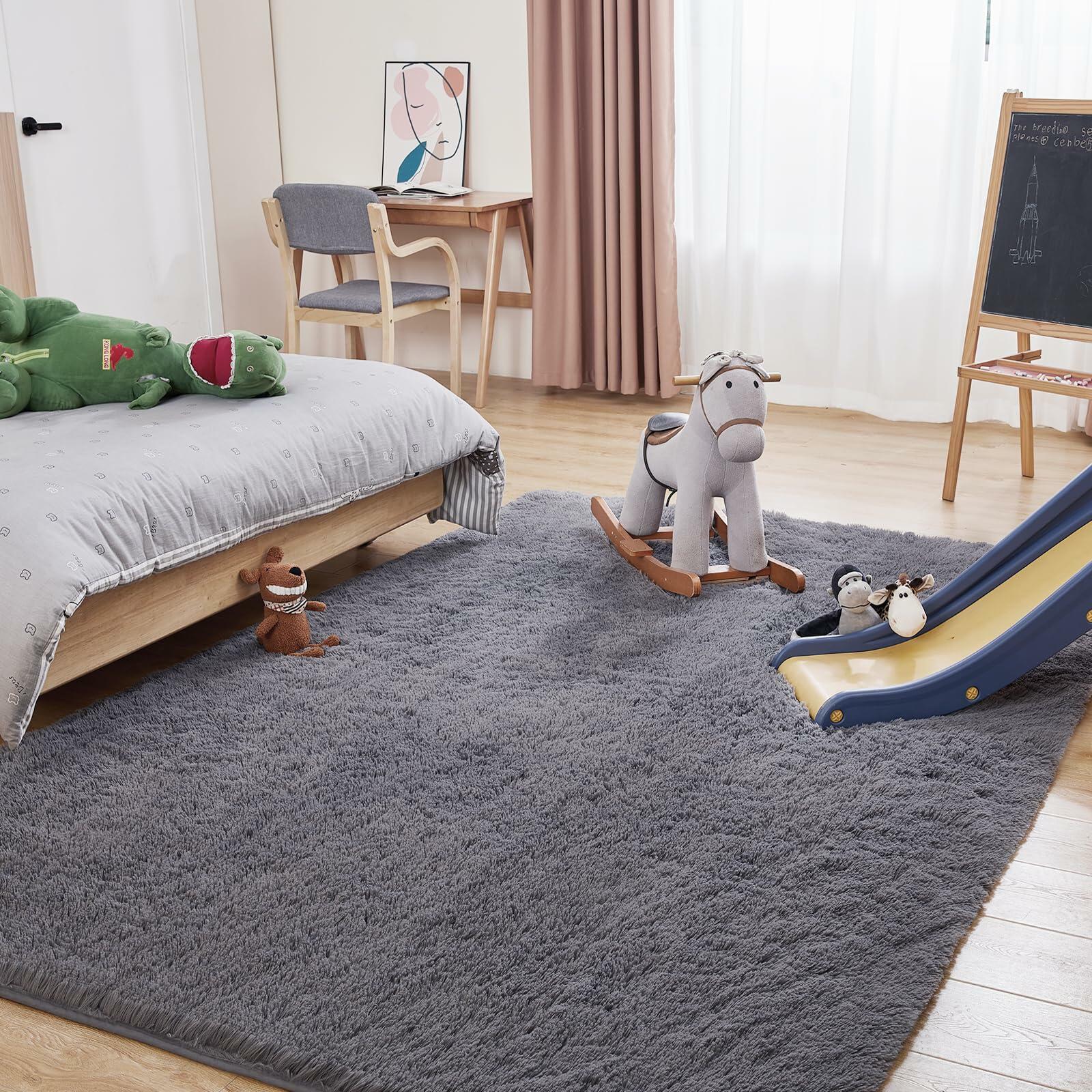 Puremy Grey Round Fluffy Rug 5ft Non-Slip Carpet for Kids Nursery Room