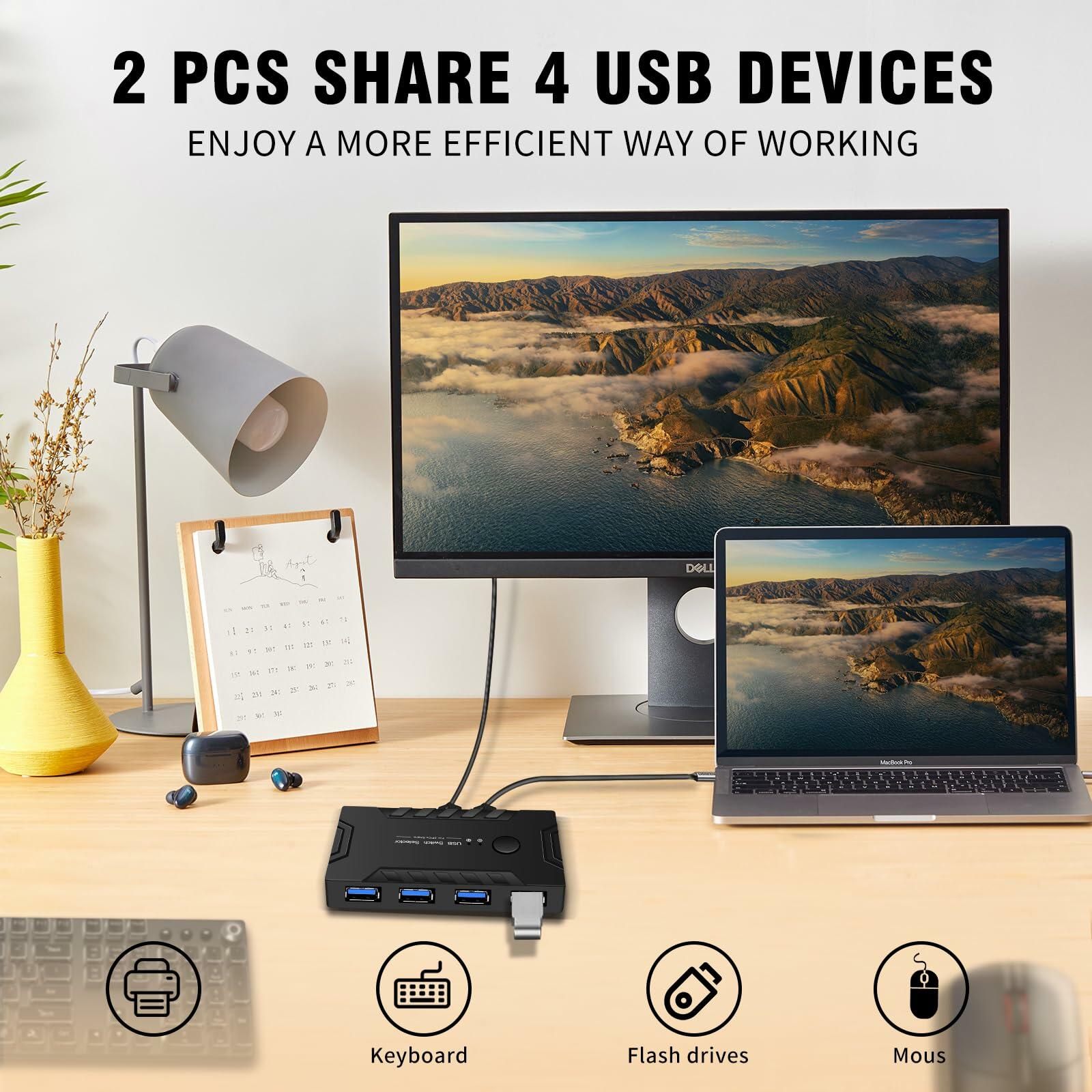 USB 3.0 KVM Switch 2 Computers Share 4 USB Devices One-Button + 2 USB Cables
