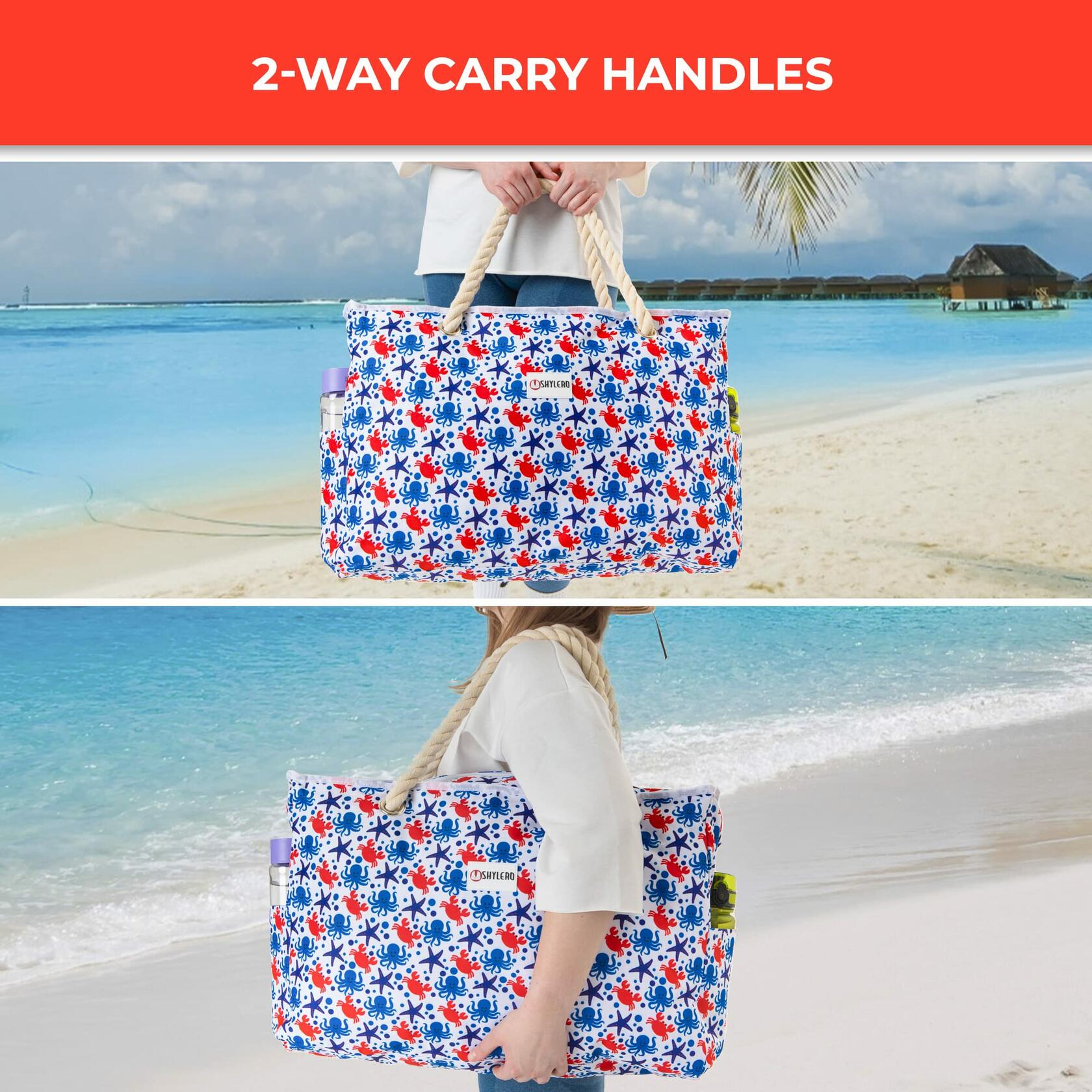 SHYLERO Waterproof Beach Tote Bag with Airtight Pouch & Key Holder L22xH15xW6