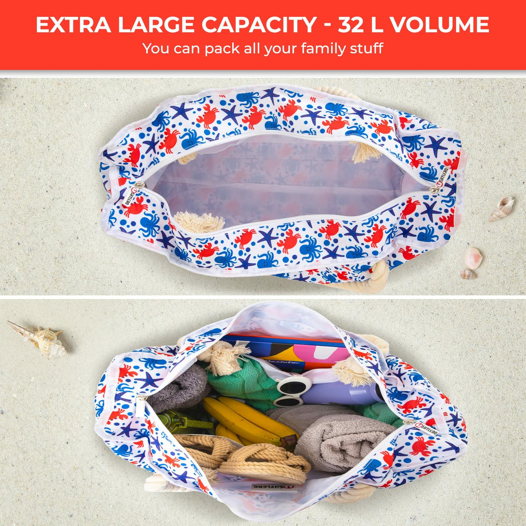 SHYLERO Waterproof Beach Tote Bag with Airtight Pouch & Key Holder L22xH15xW6