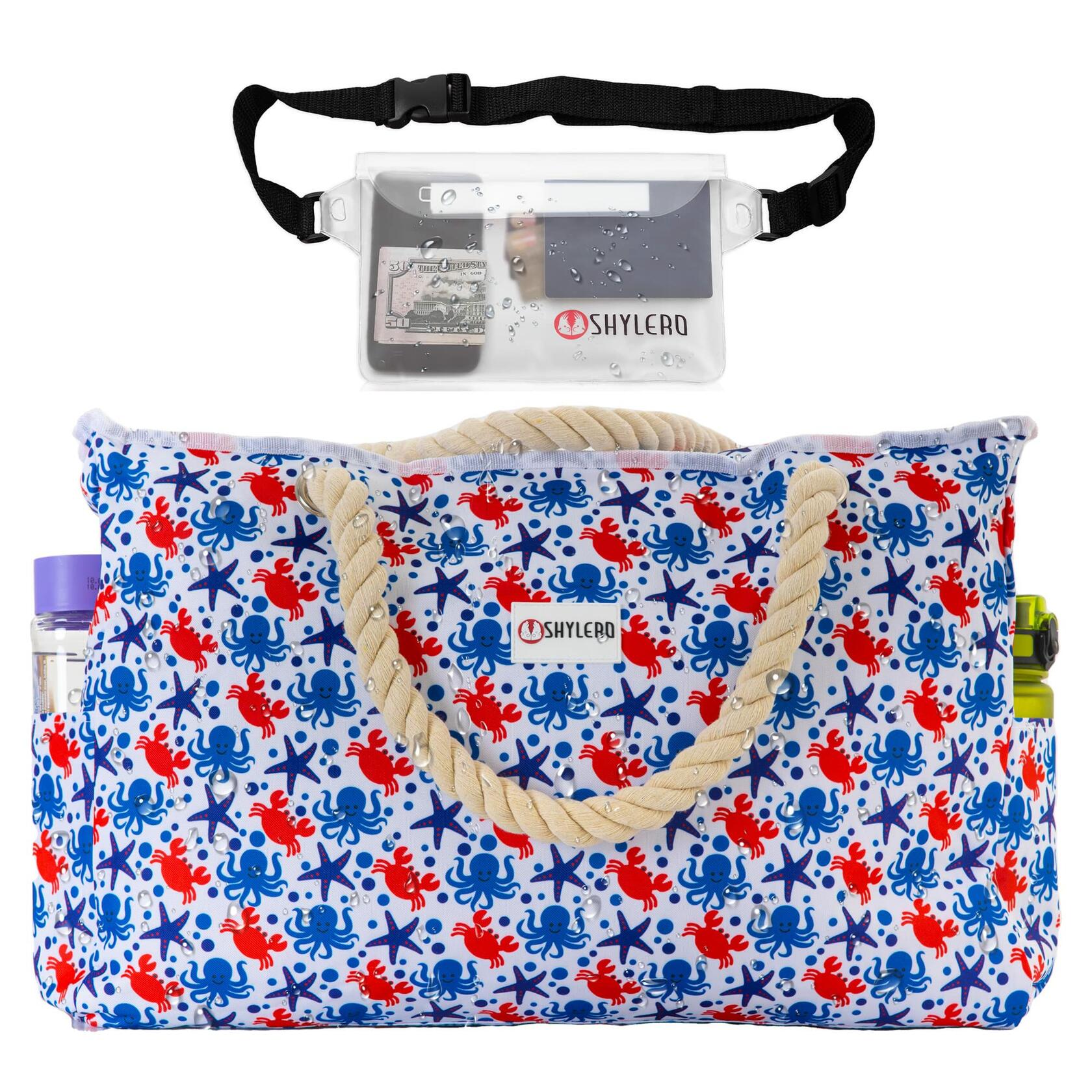 SHYLERO Waterproof Beach Tote Bag with Airtight Pouch & Key Holder L22xH15xW6