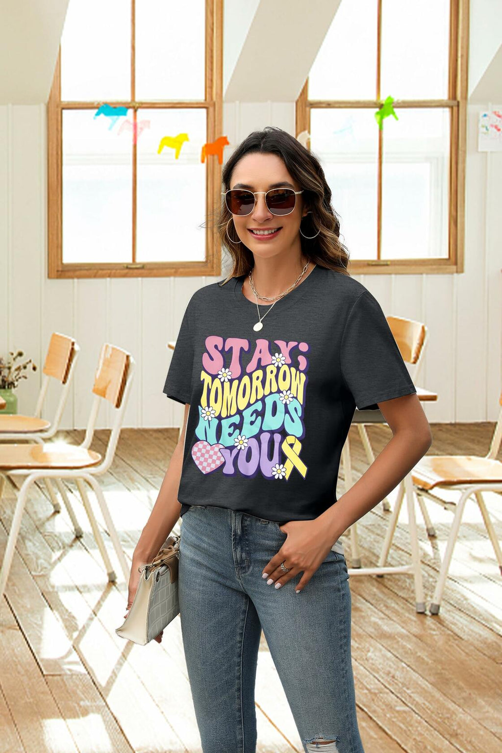 FAYALEQ Suicide Awareness Women Shirt Dark Grey Letter Print Size L