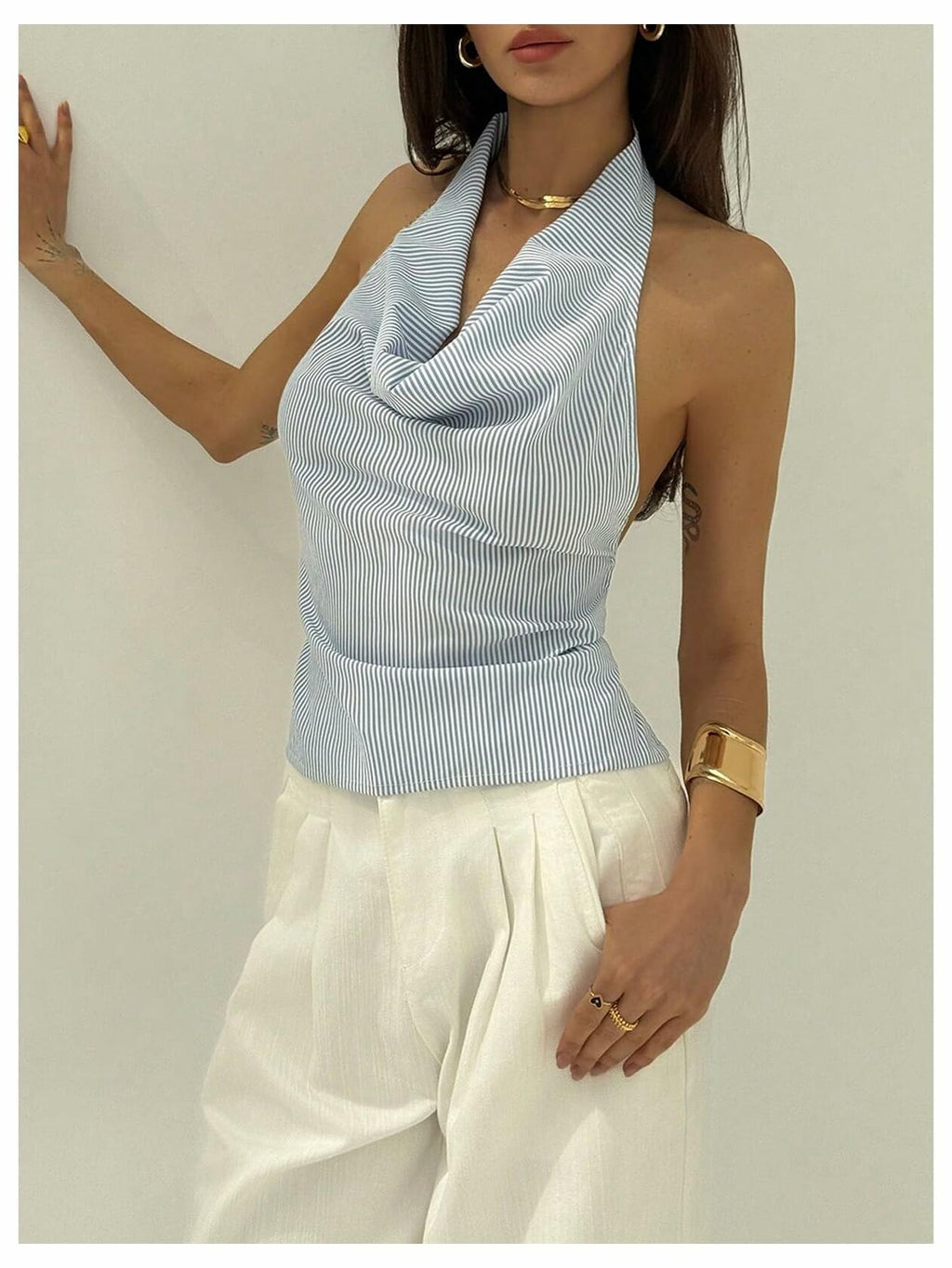 SOLY HUX Women's Striped Deep V Neck Bow Tie Backless Halter Top Blue Size S