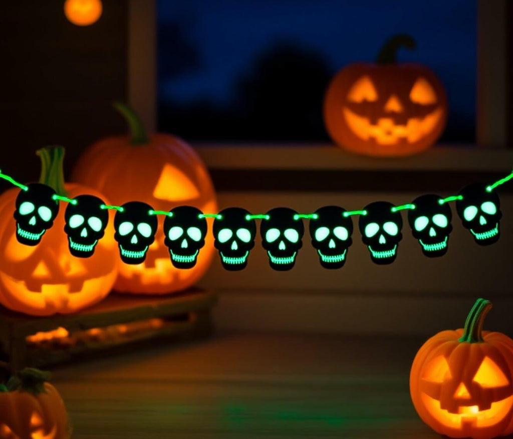 RadiantFlux Glowing Halloween Skull Flag 10Ft Green Felt Skull Banner