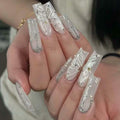 Gifiky Long Square Press-On Nails 24Pcs Gray Glitter Marble Fake Nails Women