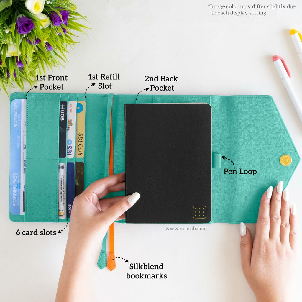 NEORAH B6 Notebook Sleeve Teal Faux Leather Dotgrid Journal Penloop Card Slots