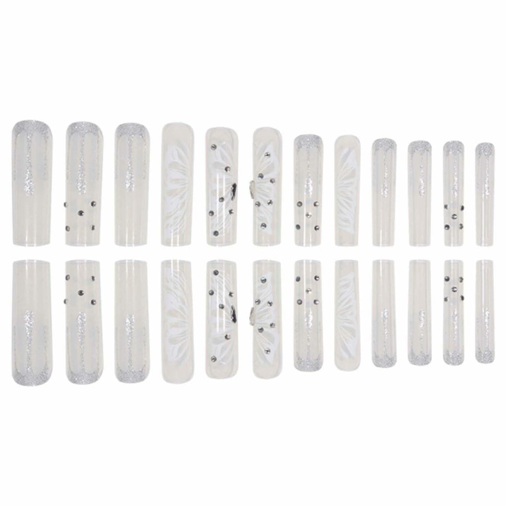Gifiky Long Square Press-On Nails 24Pcs Gray Glitter Marble Fake Nails Women