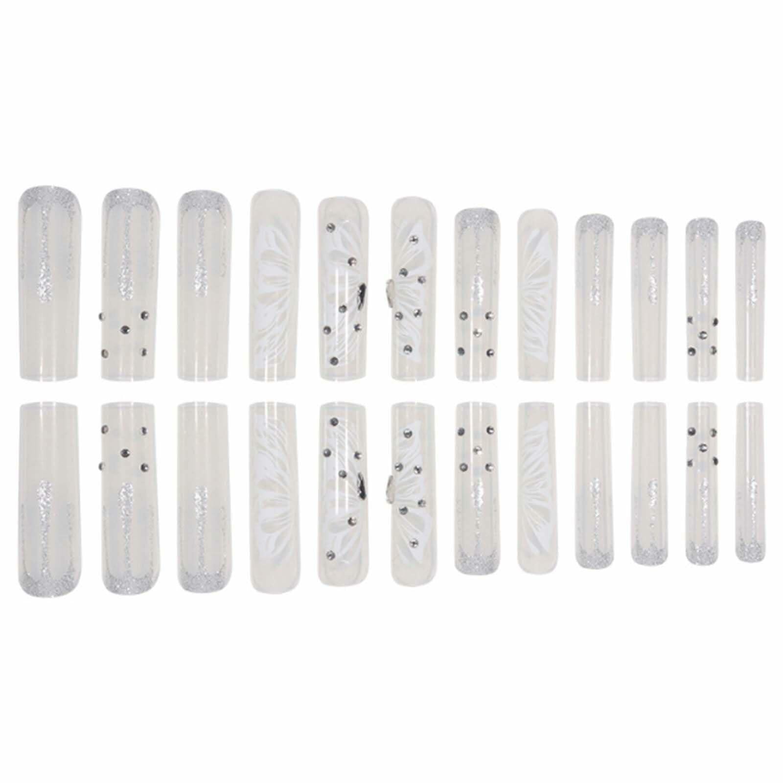 Gifiky Long Square Press-On Nails 24Pcs Gray Glitter Marble Fake Nails Women