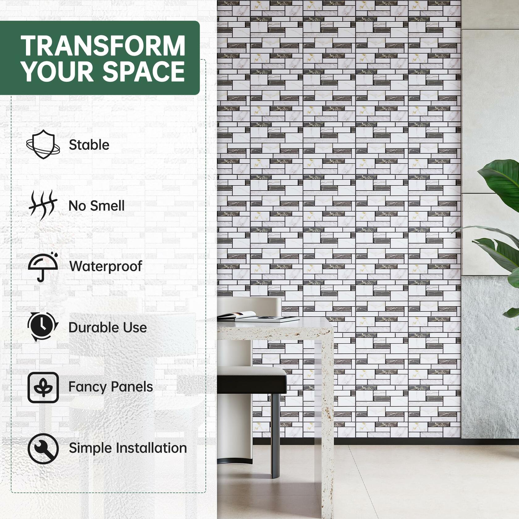 VallisCo 3D Faux Brick Wall Panel 12x12 Black White Marble 10 Pcs PVC
