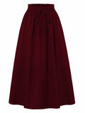 TuoGo Women's Elastic Waist A-Line Midi Skirt Wine Red Size S