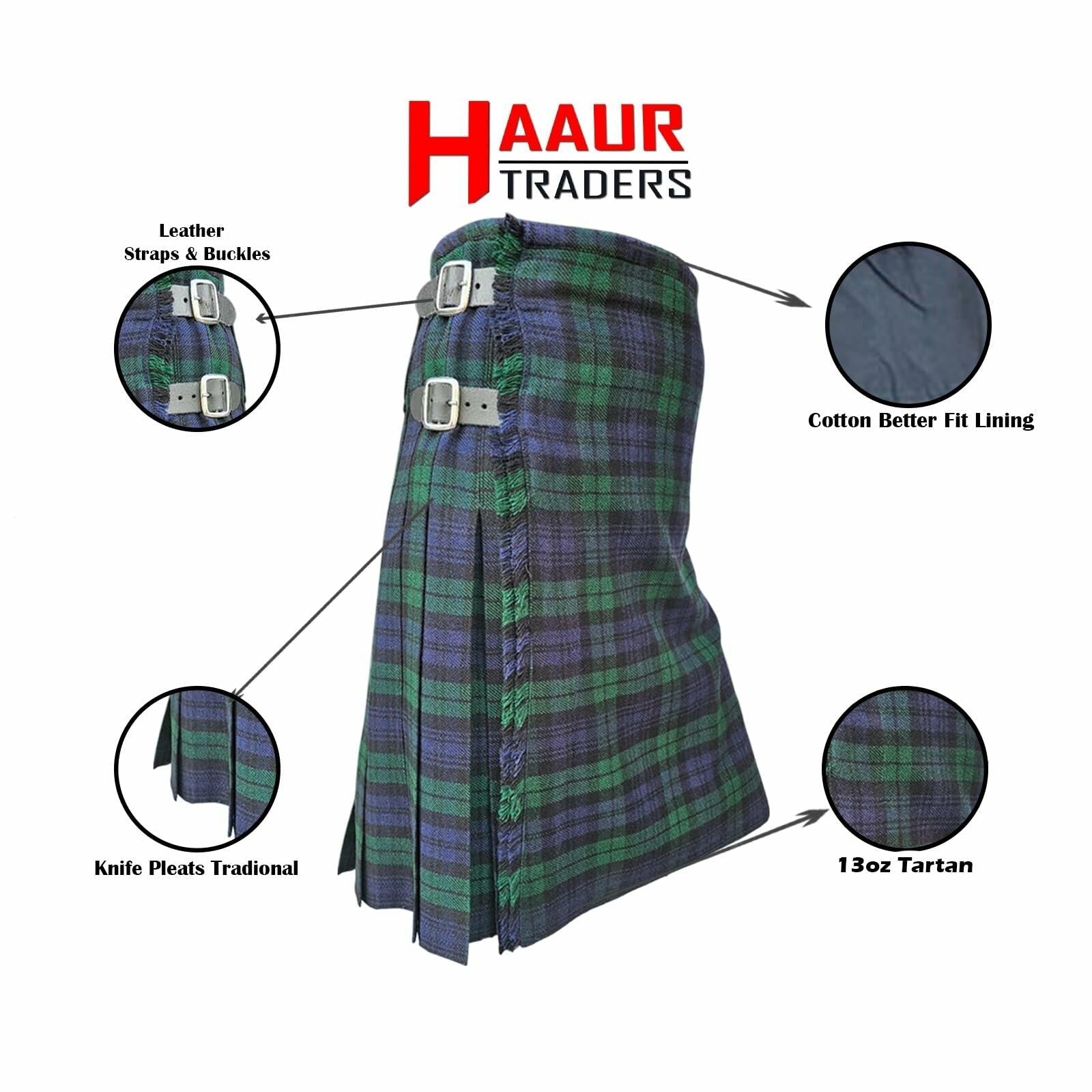 HAAUR TRADERS Scottish Tartan Men's Kilt Black Watch Leather Straps Size 38