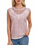 AGWISH Women’s Sleeveless Ruffle Lace Blouse Semi Sheer Floral Light Pink XL