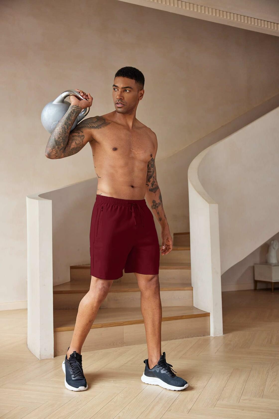 COOFANDY Men’s 7" Workout Gym Shorts 2-Pack Lightweight with Zipper Wine/Black