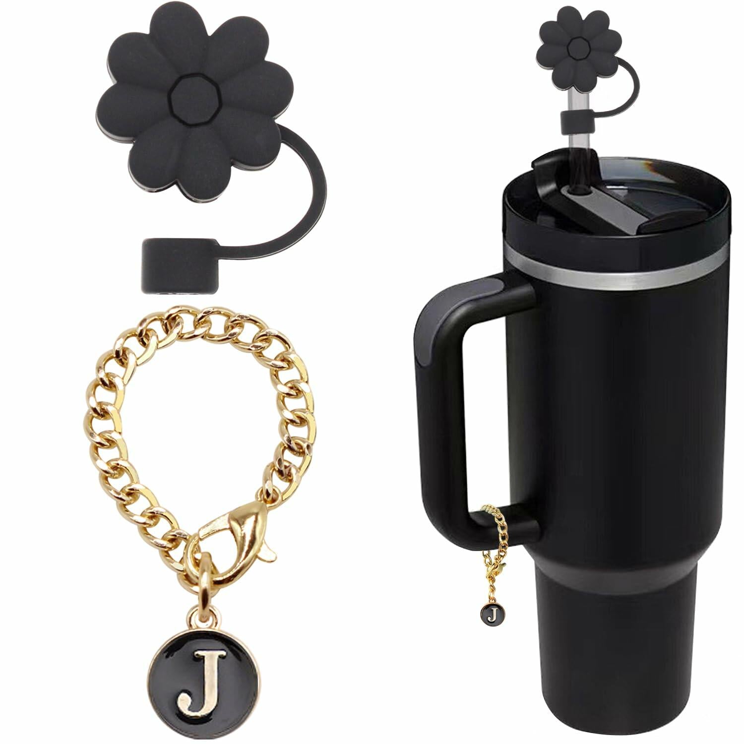 Wabogove Stanley 1pc Silicone Straw Topper & Initial Charm Letter J 30&40oz