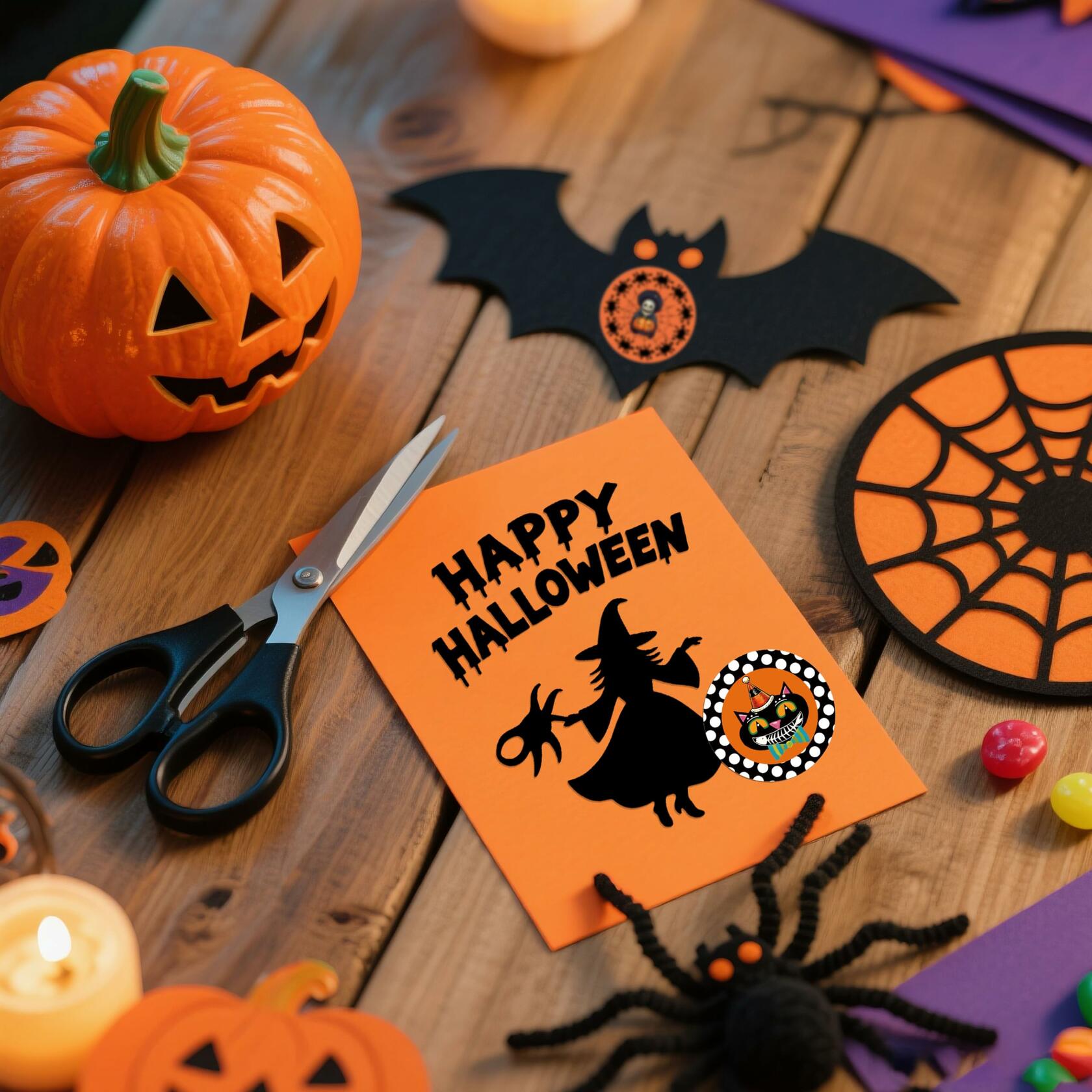 ZAEW Halloween Sticker Roll 500pcs 1.5" Gnome Pumpkins Cats Ghost Colored