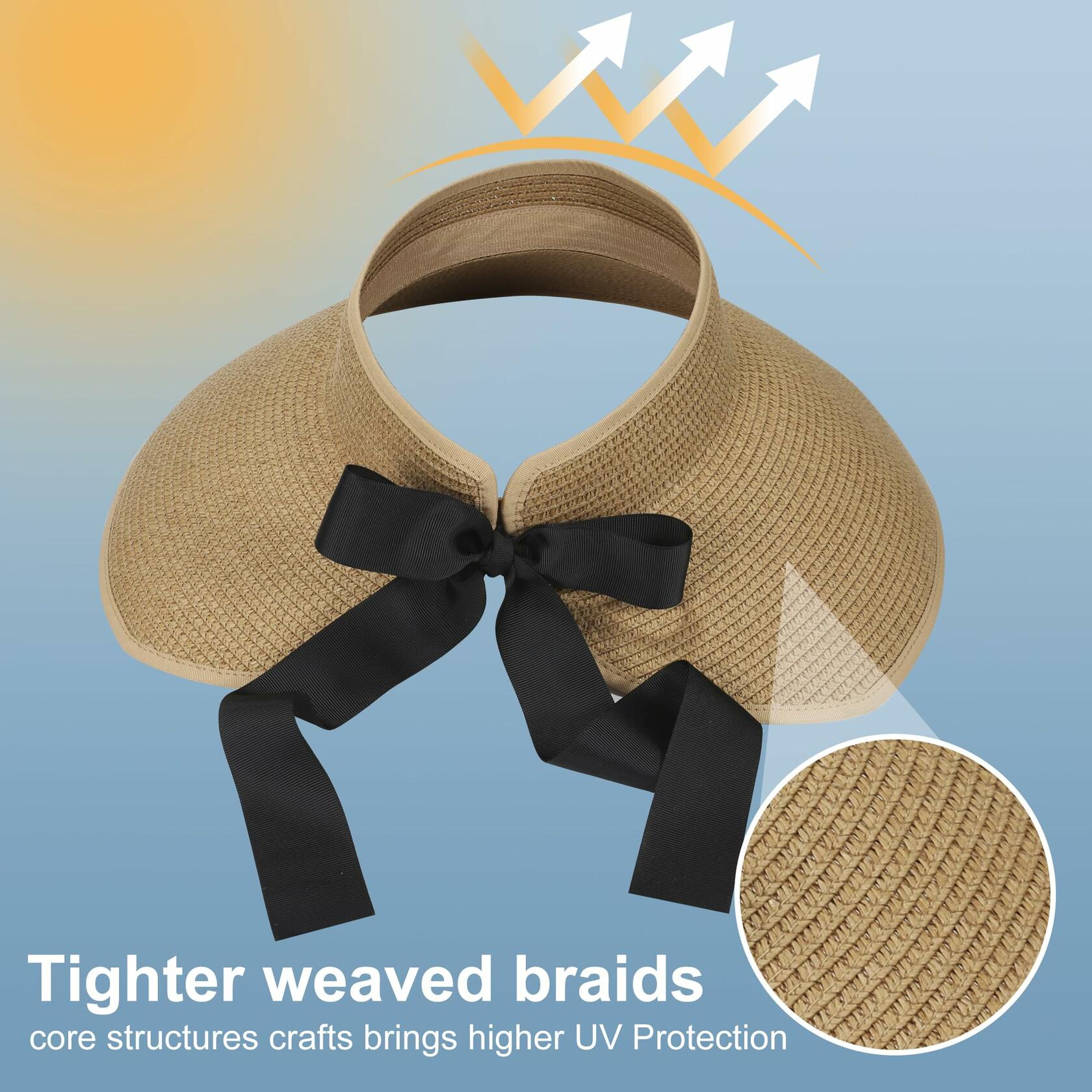 Wide Brim Straw Sun Hat Women Summer Beach Vacation Foldable Coffee Ribbon