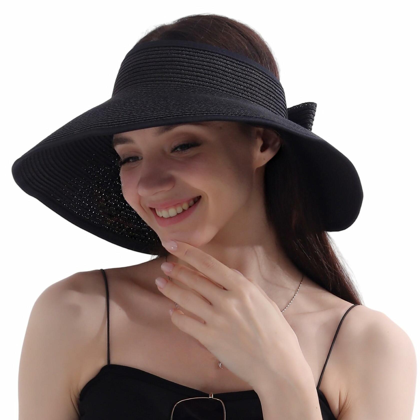 Wide Brim Straw Sun Hat Women Summer Beach Vacation Foldable Coffee Ribbon