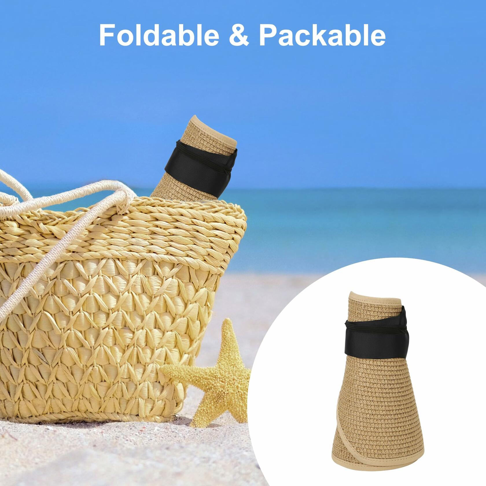 Wide Brim Straw Sun Hat Women Summer Beach Vacation Foldable Coffee Ribbon
