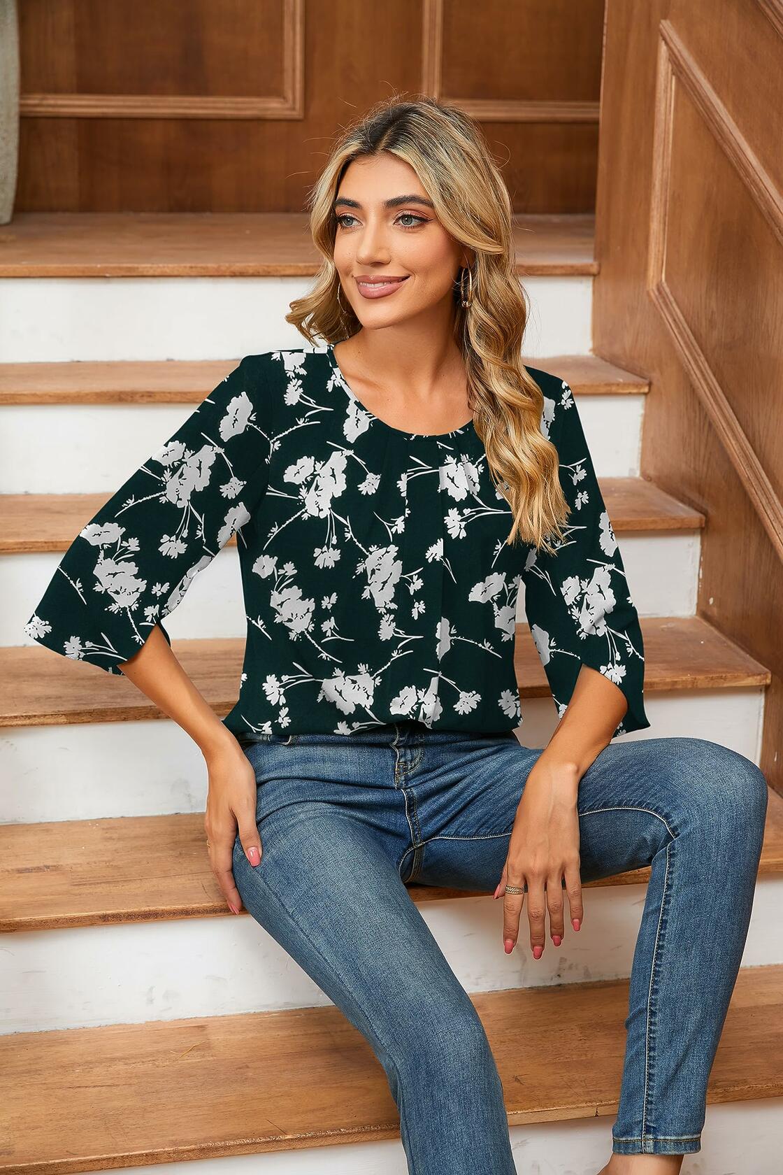 TASAMO Floral Chiffon Blouse Ladies Work Top Dark Green Size XL