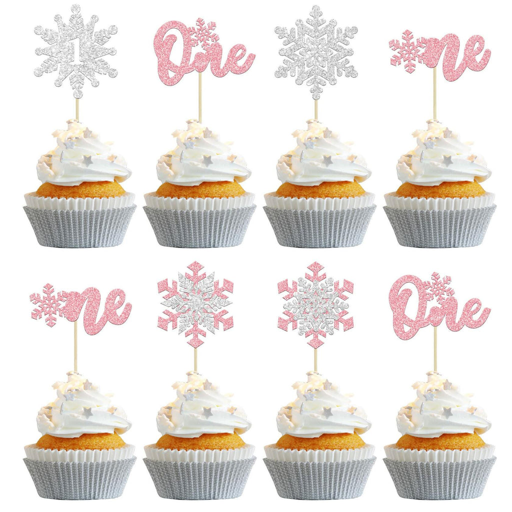 Gyufise 24Pcs Double Layer Pink Glitter Snowflake Cupcake Toppers Paper