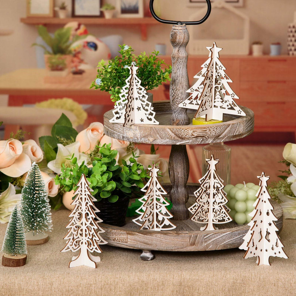 MoDooris 24Pcs White Wooden Christmas Tree Tabletop Decor Rustic Xmas