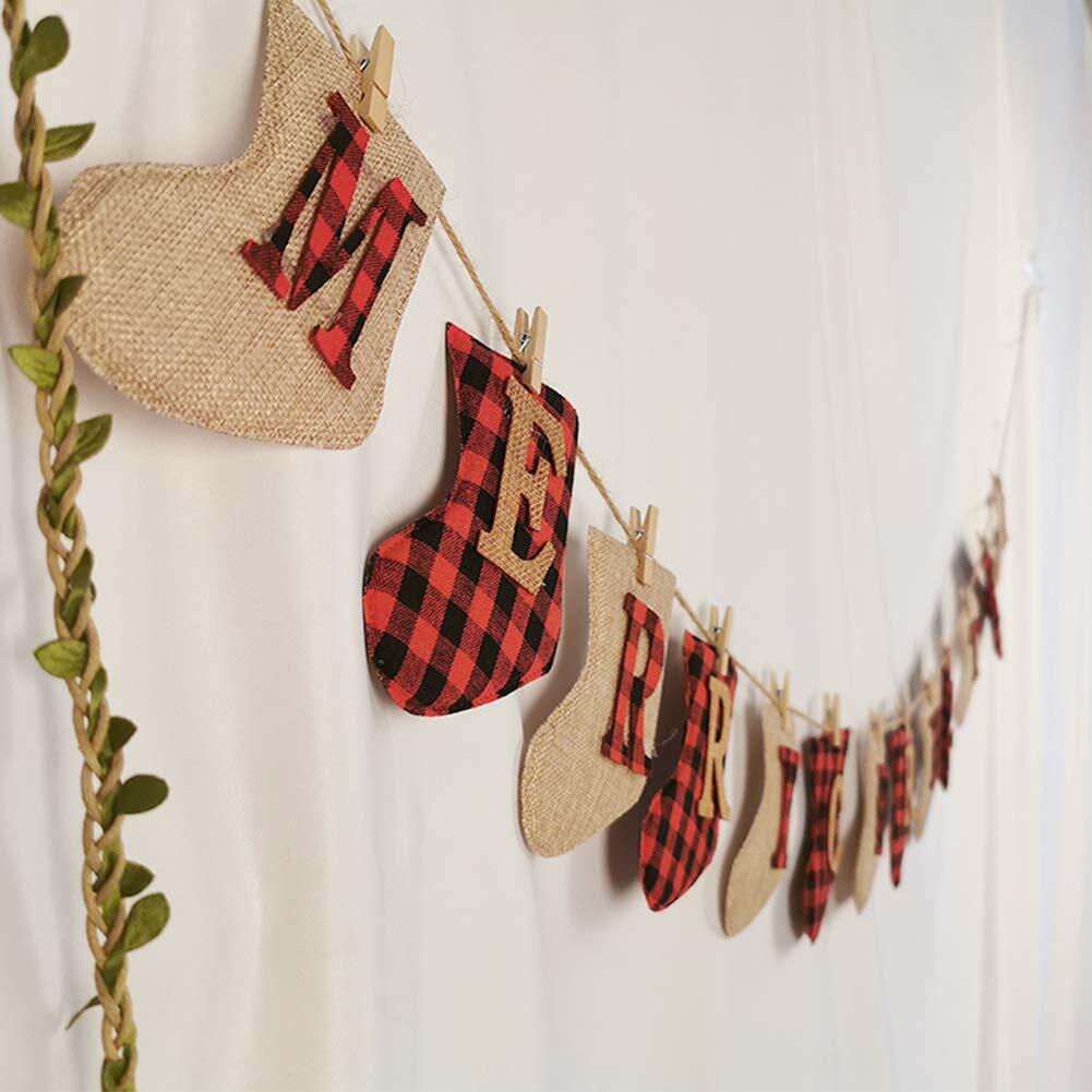KINNJAS Merry Christmas Burlap Sock Banner 28 Piece Cotton Decoration