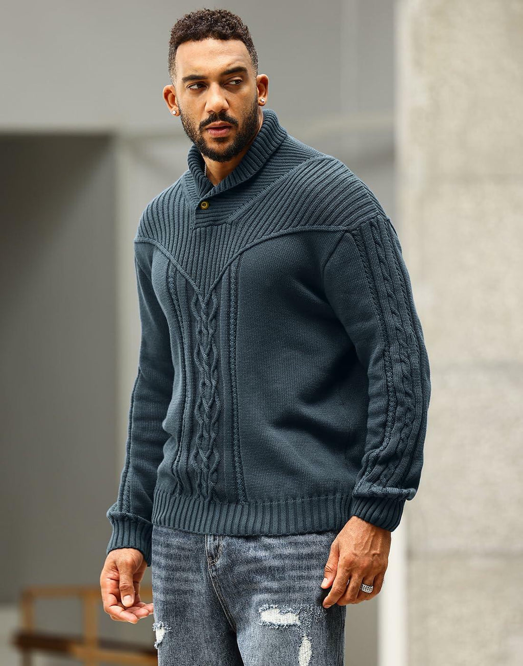 SAVKOOV Men's Shawl Collar Cable Knit Pullover Sweater Deep Gray Size 3X-Large