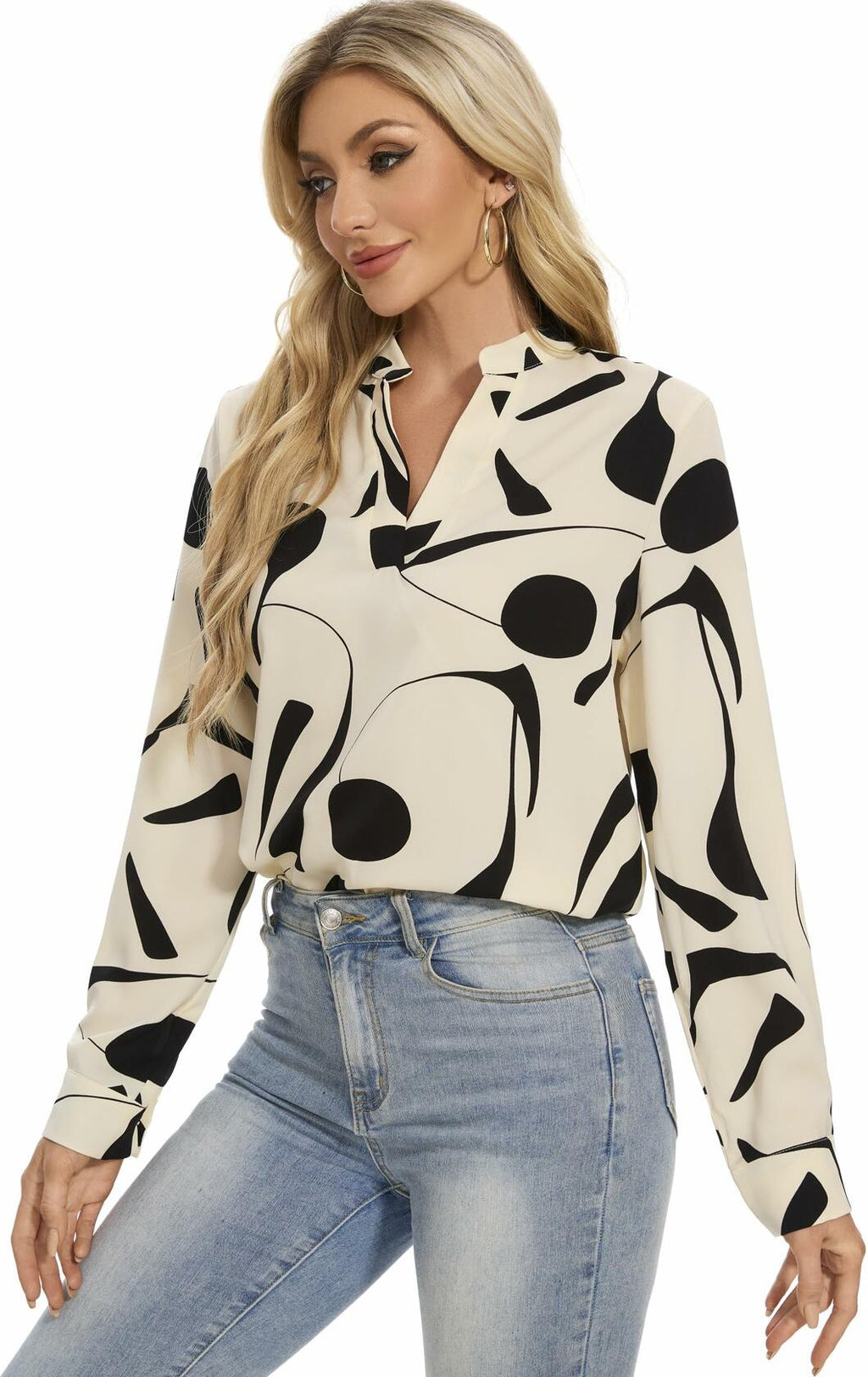 VIPONES Women V Neck Puff Sleeve Floral Blouse Lightweight 530-White Size M