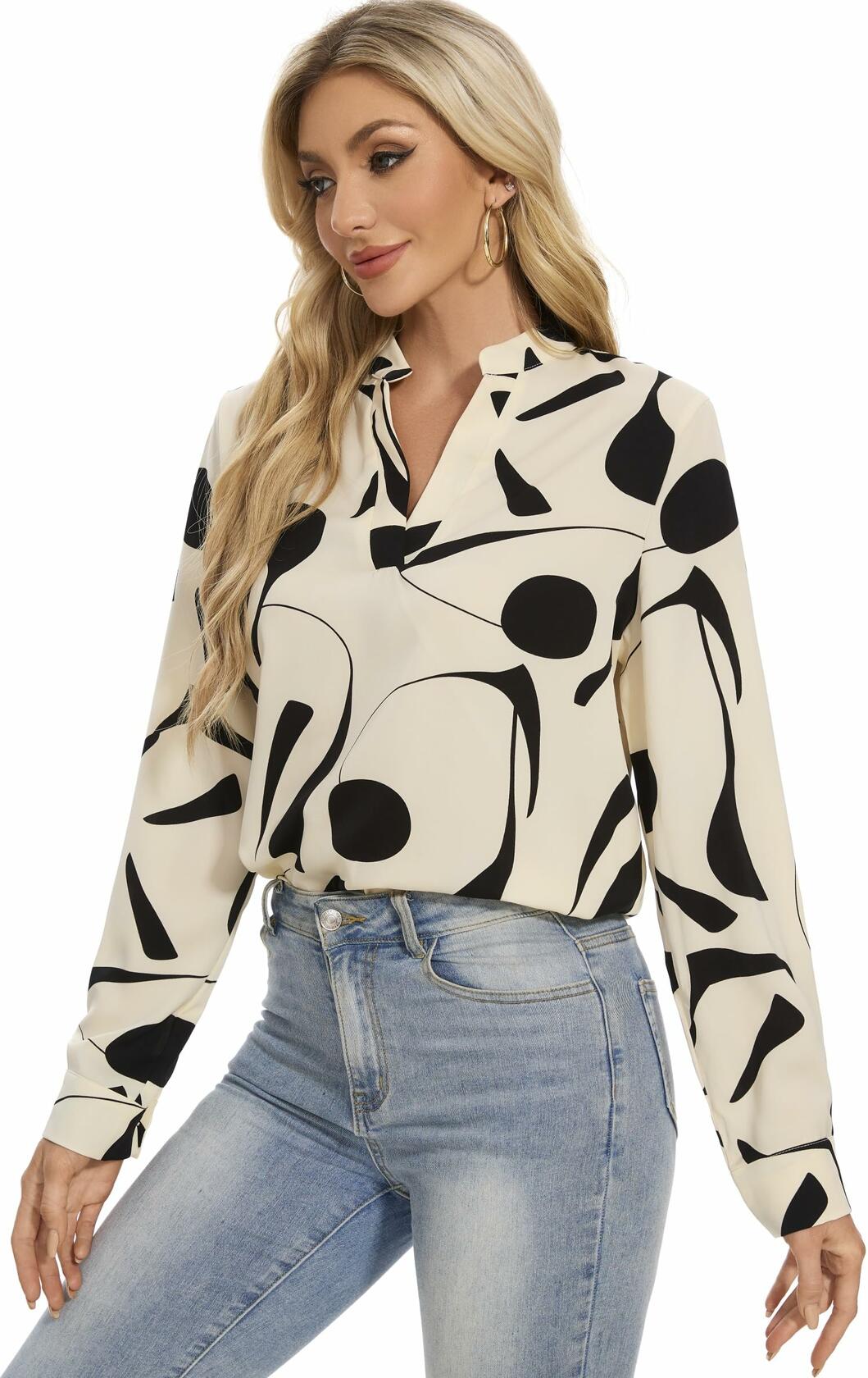 VIPONES Women V Neck Puff Sleeve Floral Blouse Lightweight 530-White Size M