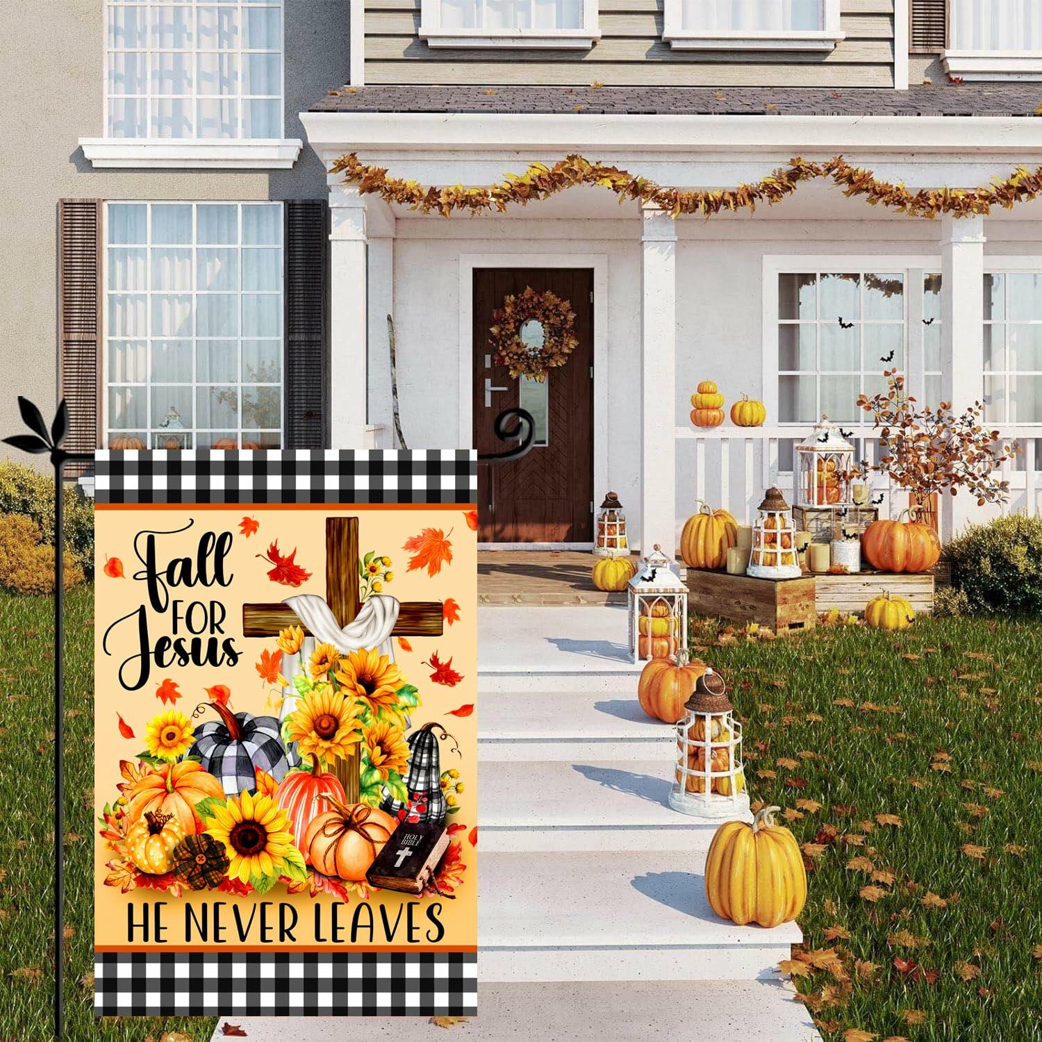 4SEASONS POD “Fall For Jesus” Autumn Pumpkin Christian Garden Flag 12x18