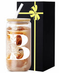 Monogrammed Glass Tumbler Cup with Lid & Straw Personalized Gift OPEN BOX