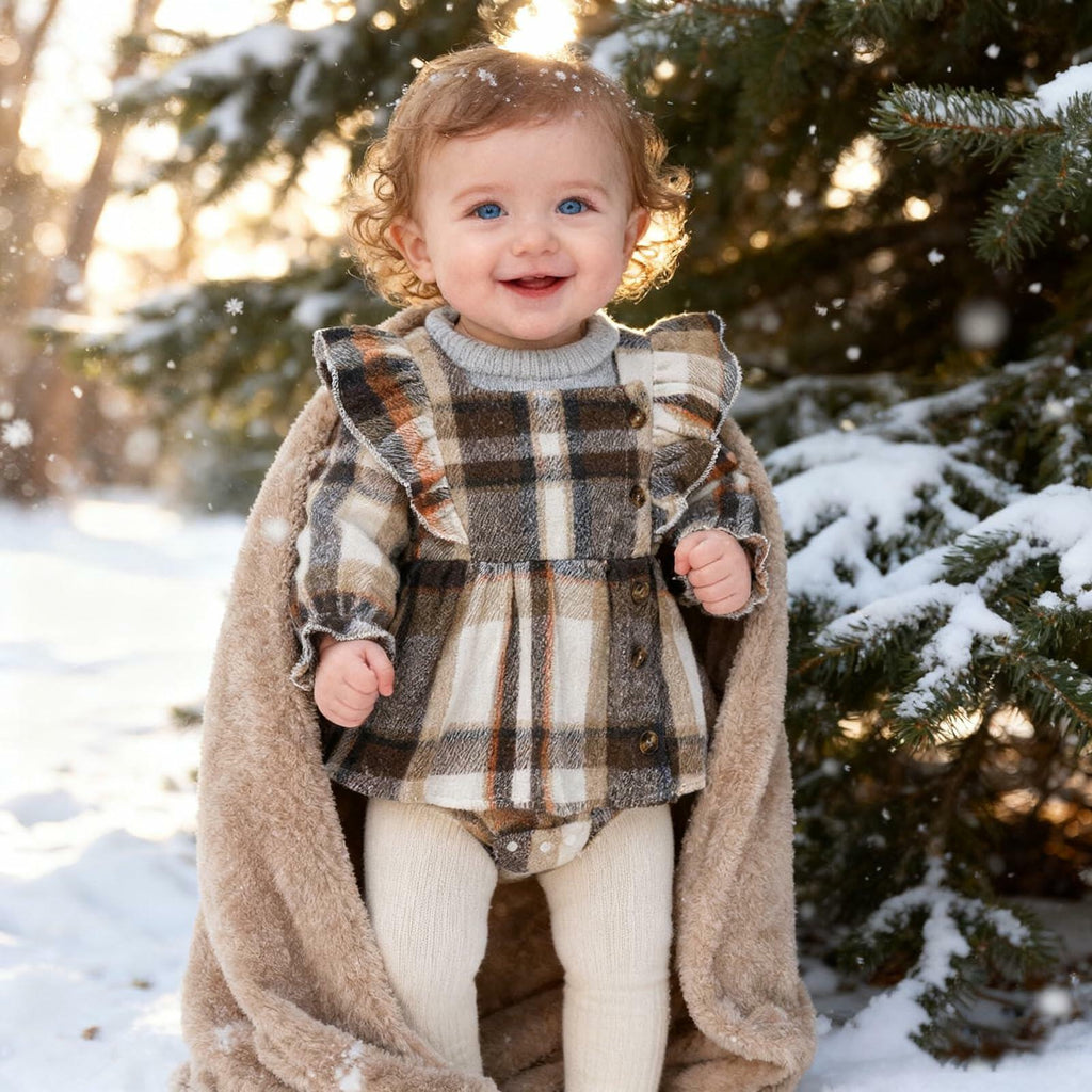 TITKKOP Baby Girl Plaid Romper Dress Bow Headband Khaki Size 6-12M