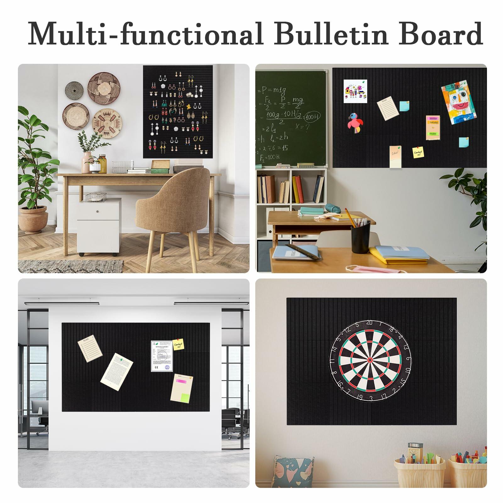FUANGUI Felt Board 12 Pack Large Wall Tiles with Adhesive Tabs Stripe Black