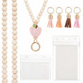 Bremorou Teacher Lanyard with ID Holder, Pink Wooden Beaded Boho Tassel