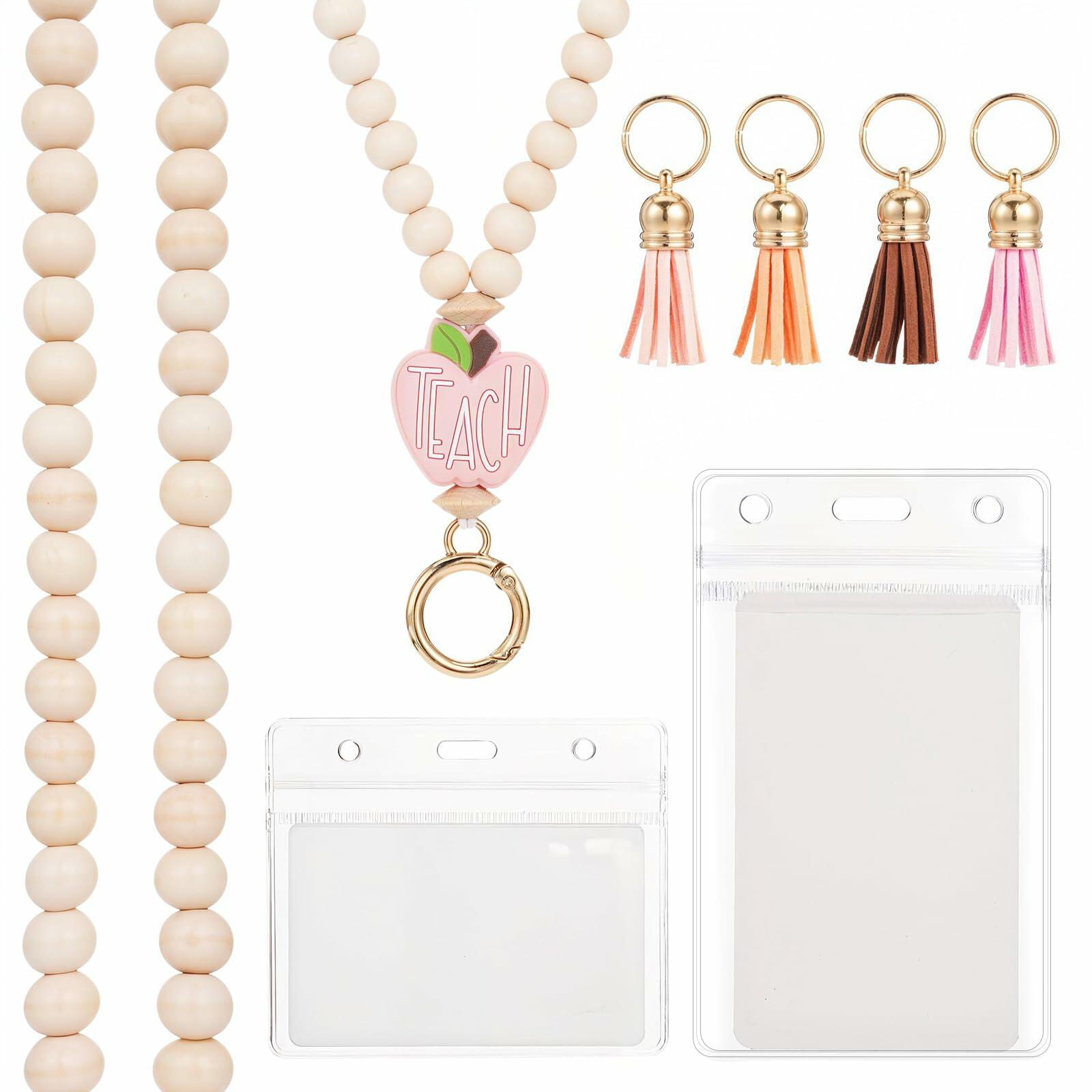 Bremorou Teacher Lanyard with ID Holder, Pink Wooden Beaded Boho Tassel
