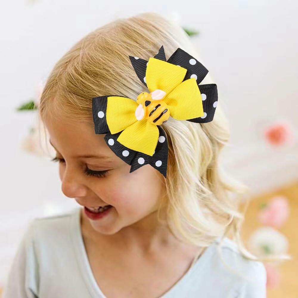 BOENBE LOVED Girls Yellow Bee Hair Clips with Ribbon Bows 2Pcs Polka Dots