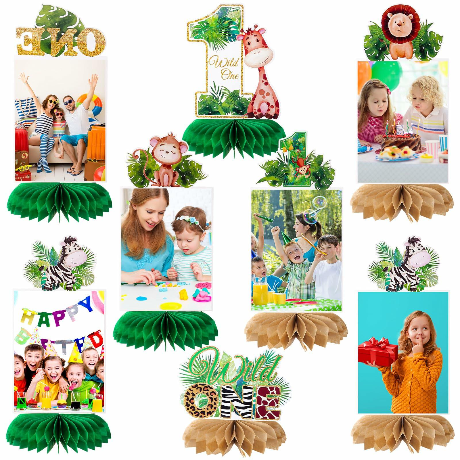 8PCS Wild One Honeycomb Jungle Safari 1st Birthday Table Centerpiece Decor