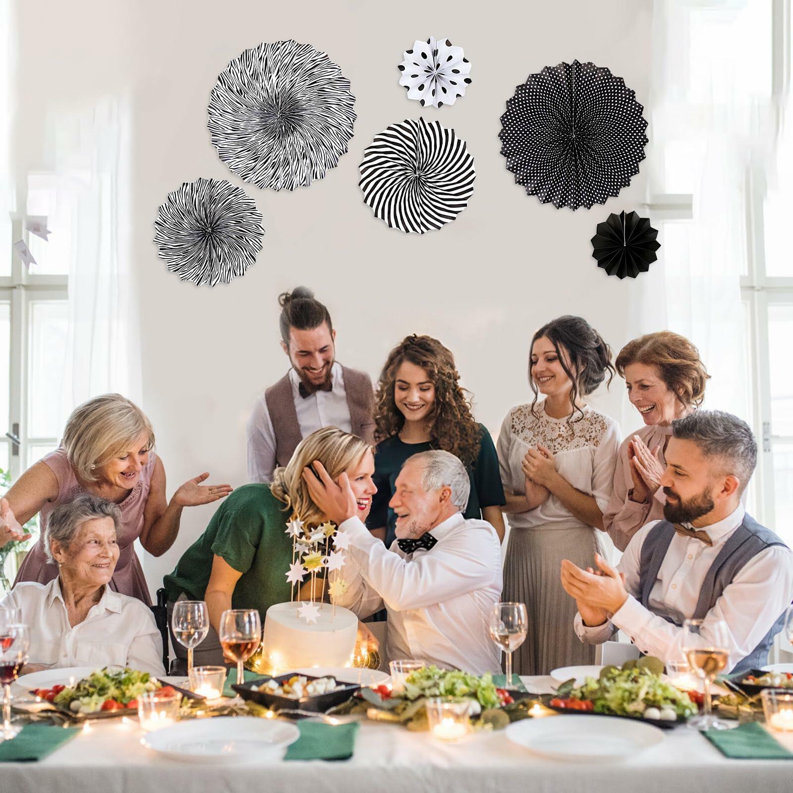 6PCS Black Hanging Paper Fans Party Decorations for Birthday, Wedding & Shower