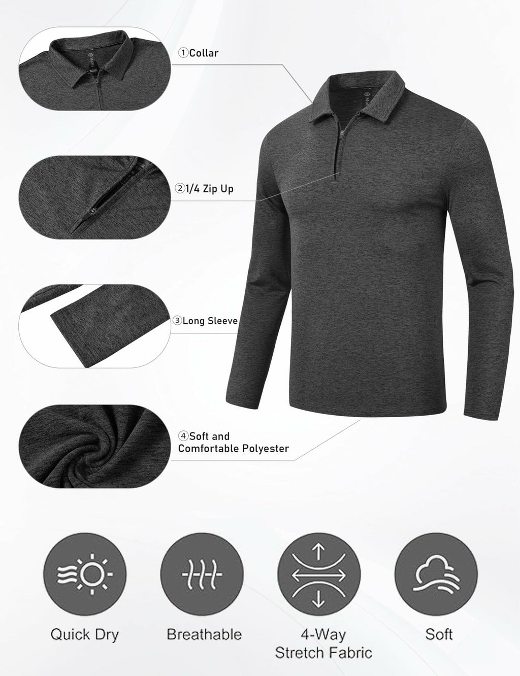 MoFiz Men’s Long Sleeve Polo Shirt Quarter-Zip Quick Dry Grey M