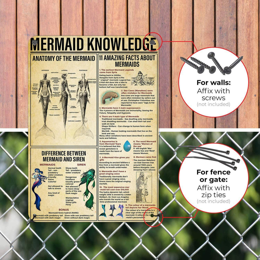 NEGLAI Mermaid Knowledge Metal Sign Poster Vintage Wall Art 16x12 Inches