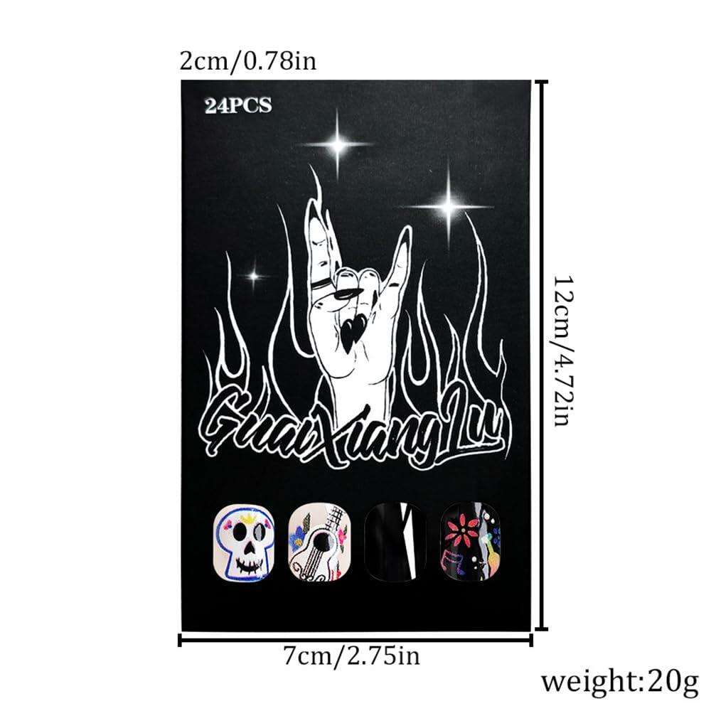 CEWEWP Halloween Press On Nails Short Square Acrylic Black Skull 24pcs