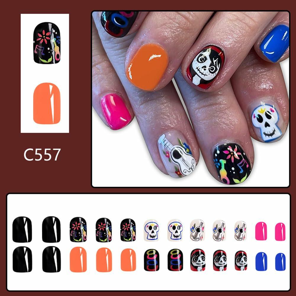 CEWEWP Halloween Press On Nails Short Square Acrylic Black Skull 24pcs