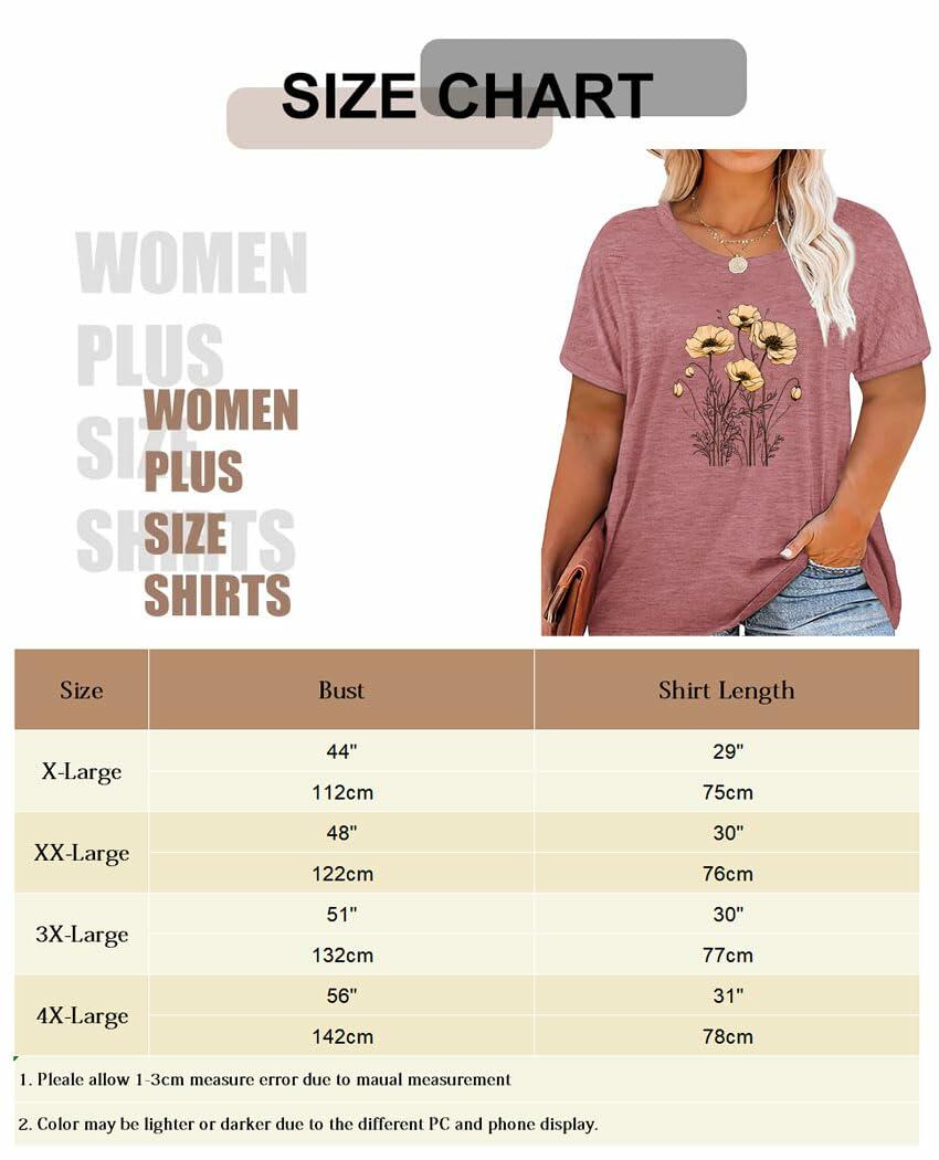 GeLivable Women Plus Size Floral Graphic O Neck Short Sleeve T Shirt