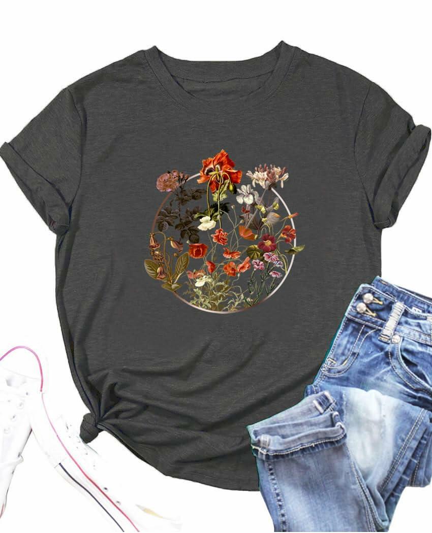 GeLivable Women Plus Size Floral Graphic O Neck Short Sleeve T Shirt