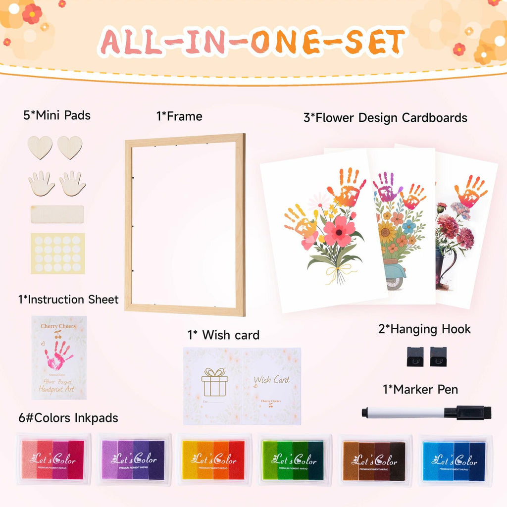 CHERRY CHEERS Flower Bouquet Handprint Art Kit 3 Sheets 6 Colors White Canvas