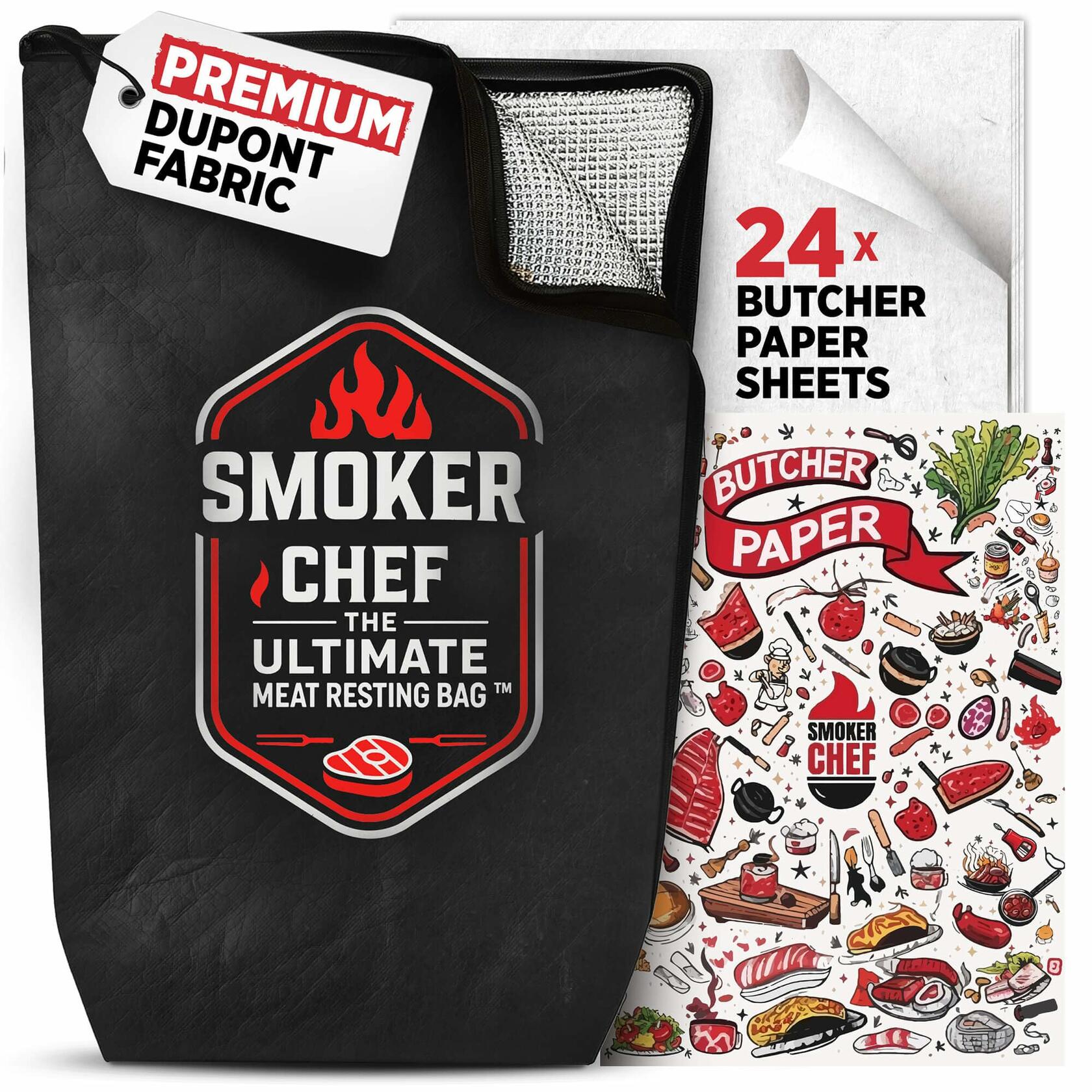Smoker Chef Ultimate Meat Resting Bag 21" Black BBQ Blanket + 24 Butcher Sheets