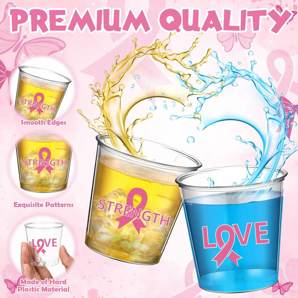 Nuogo Breast Cancer Pink Plastic Shot Glasses 2.87oz 100 Pcs Clear Pink