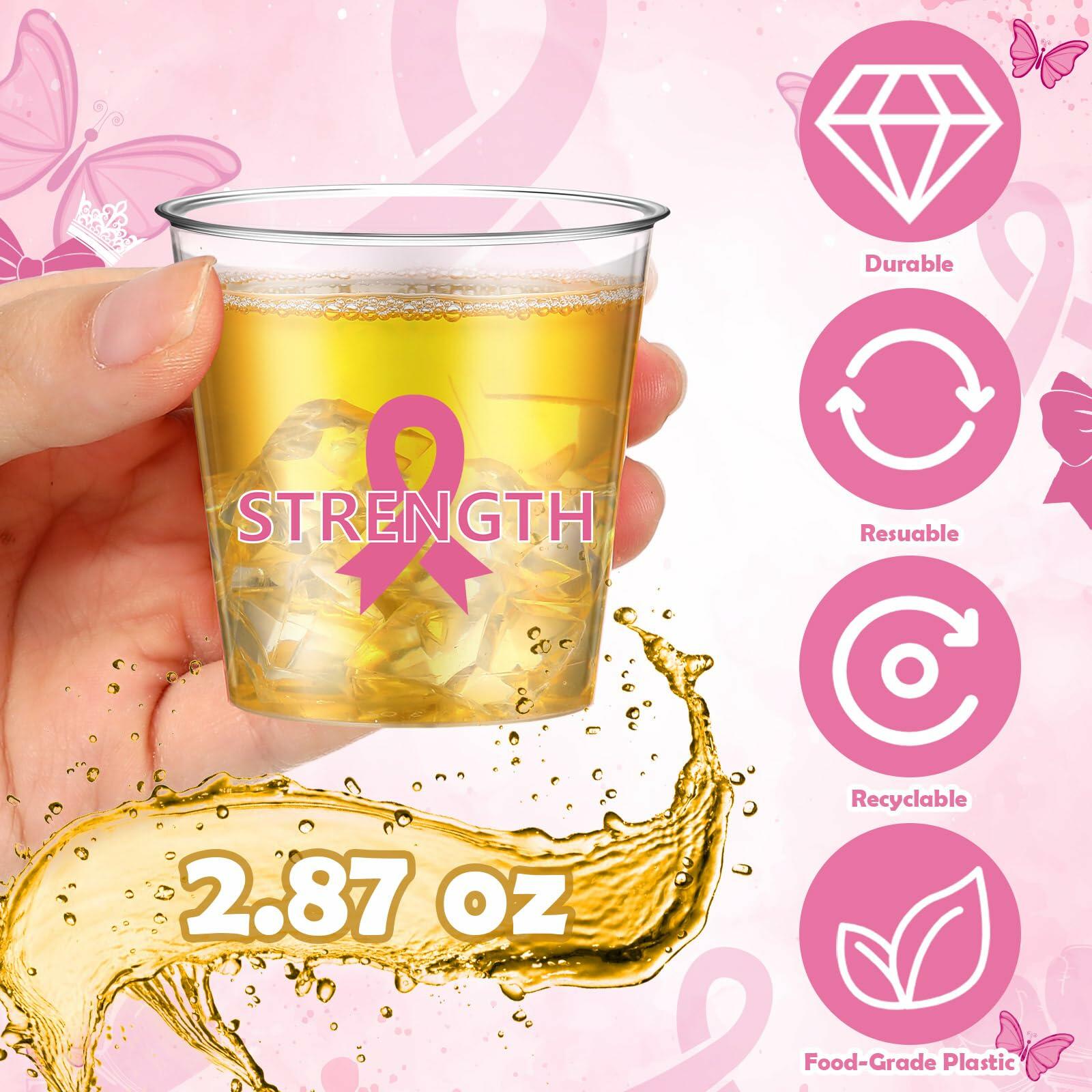Nuogo Breast Cancer Pink Plastic Shot Glasses 2.87oz 100 Pcs Clear Pink